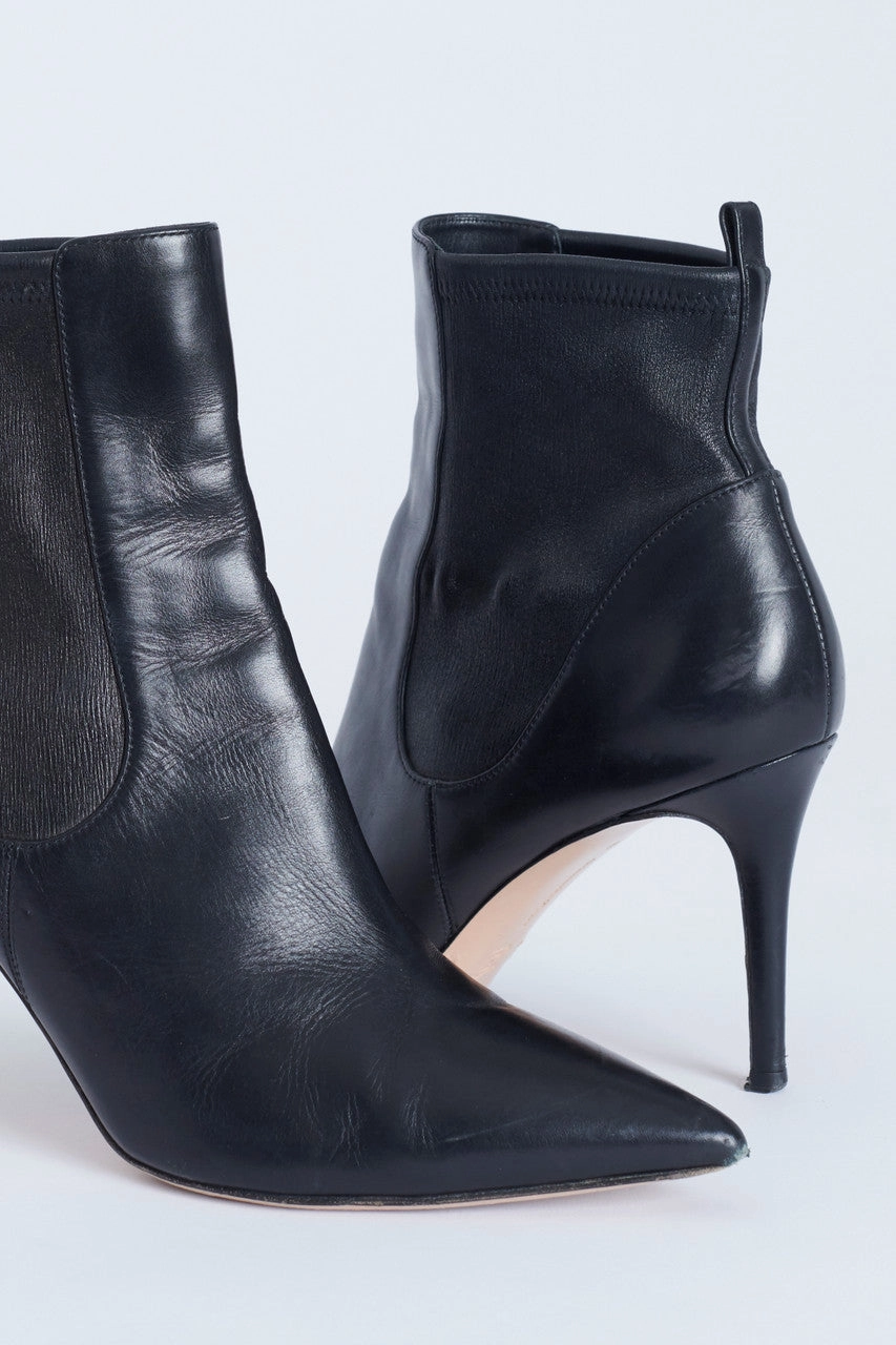 Adidas Boost Tennis Shoes Black Leather Pointed Toe Stiletto Heel Preowned Ankle Boots