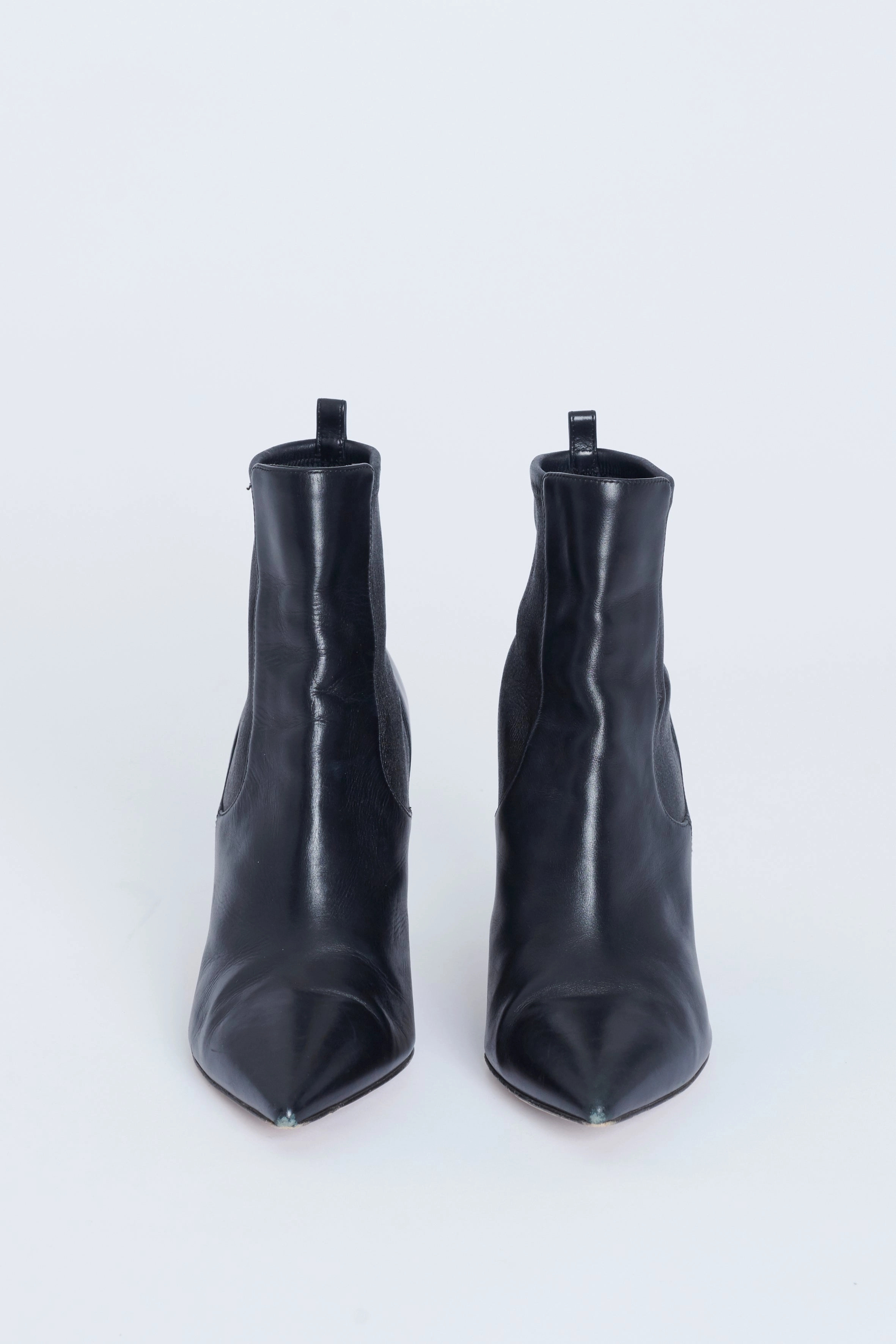 Adidas Puremotion Running Shoe Black Leather Pointed Toe Stiletto Heel Preowned Ankle Boots