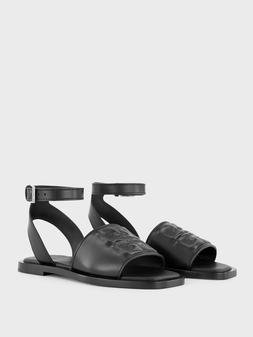 Stylish Flats Shoes Black Logo Detailed Leather Sandals