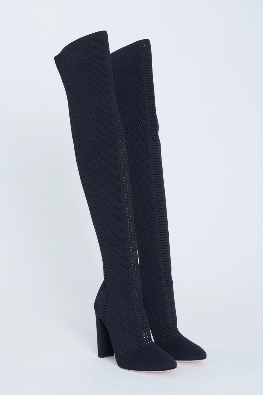 Adidas Shoes Cloudfoam Black Perforated Stretch-Knit Over The Knee Preowned Boots