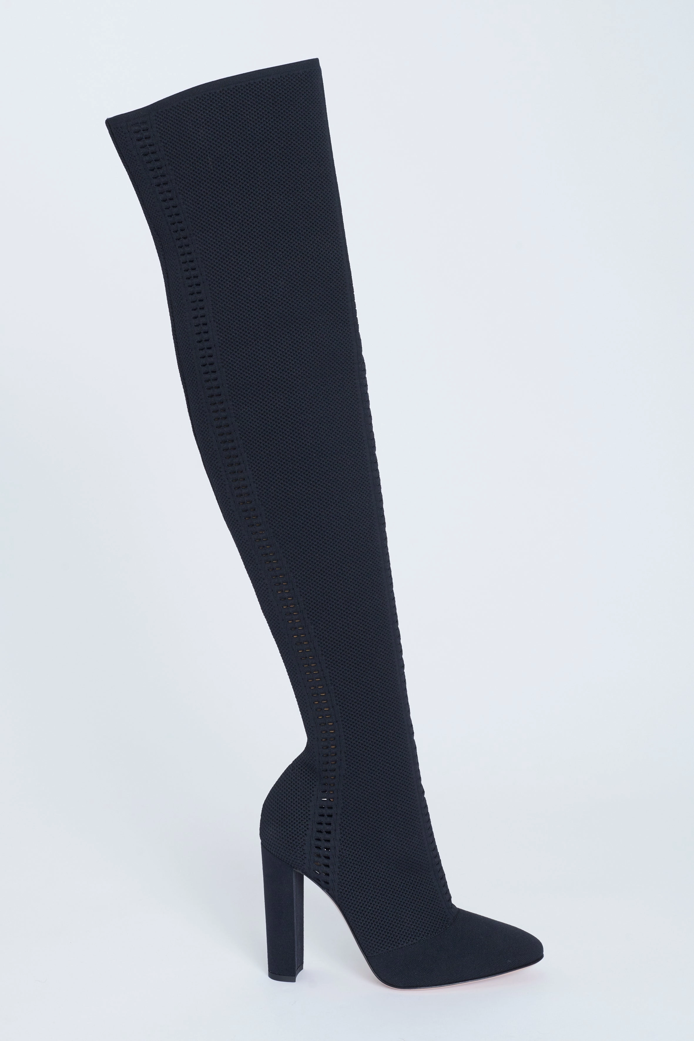 Black Perforated Stretch-Knit Over The Knee Preowned Boots Adidas Fabela Empower Hockey Shoes