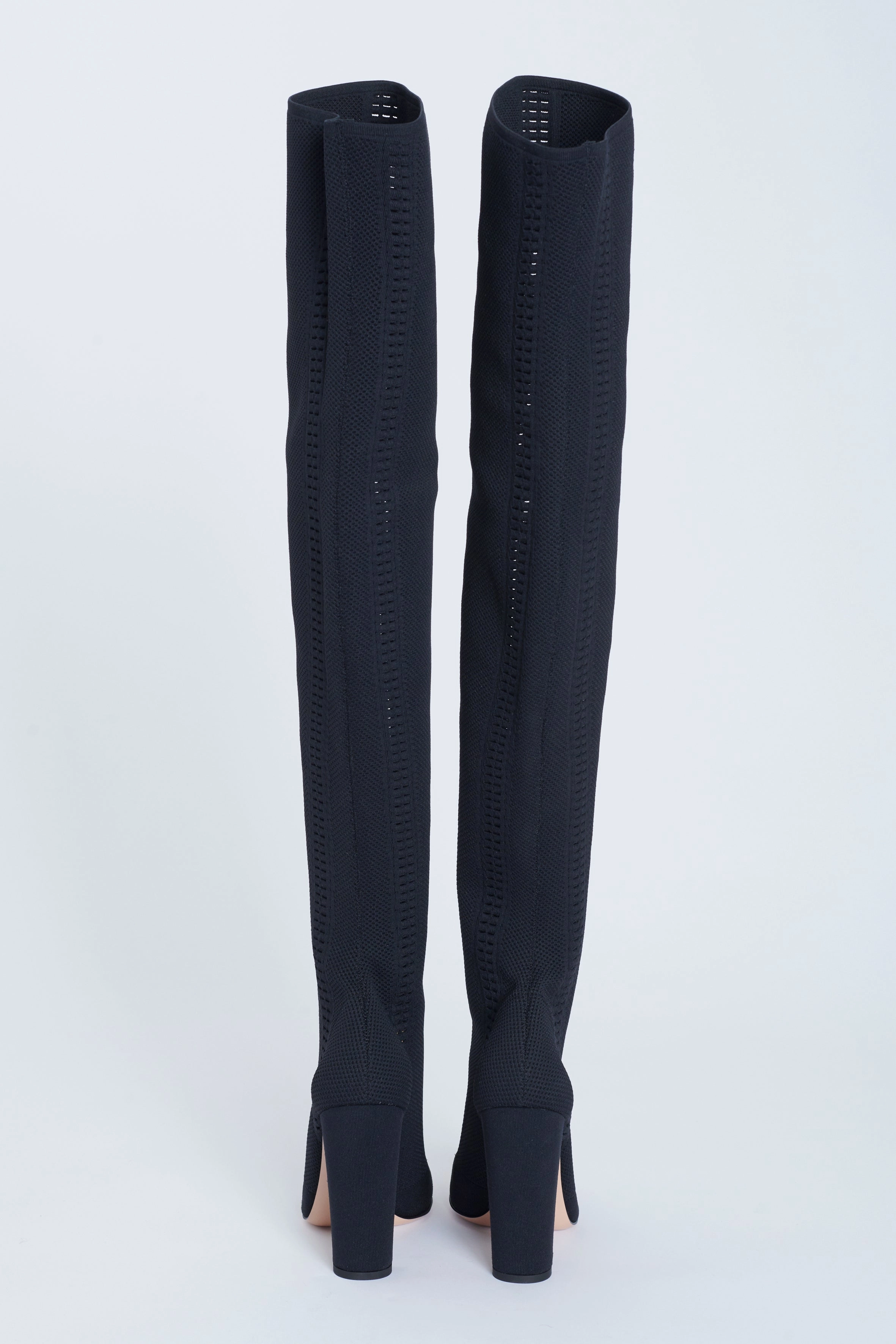 Black Perforated Stretch-Knit Over The Knee Preowned Boots Adidas Shoes Gazelles