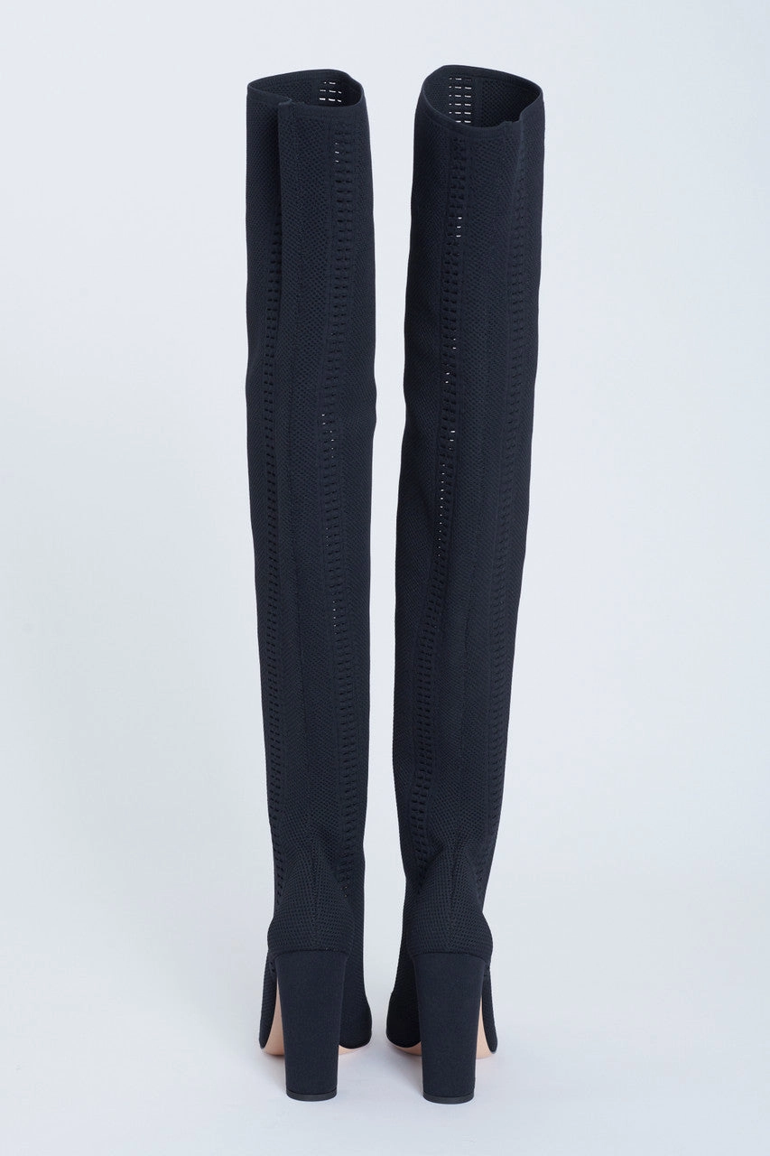 Black Perforated Stretch-Knit Over The Knee Preowned Boots Adidas Squash Shoes