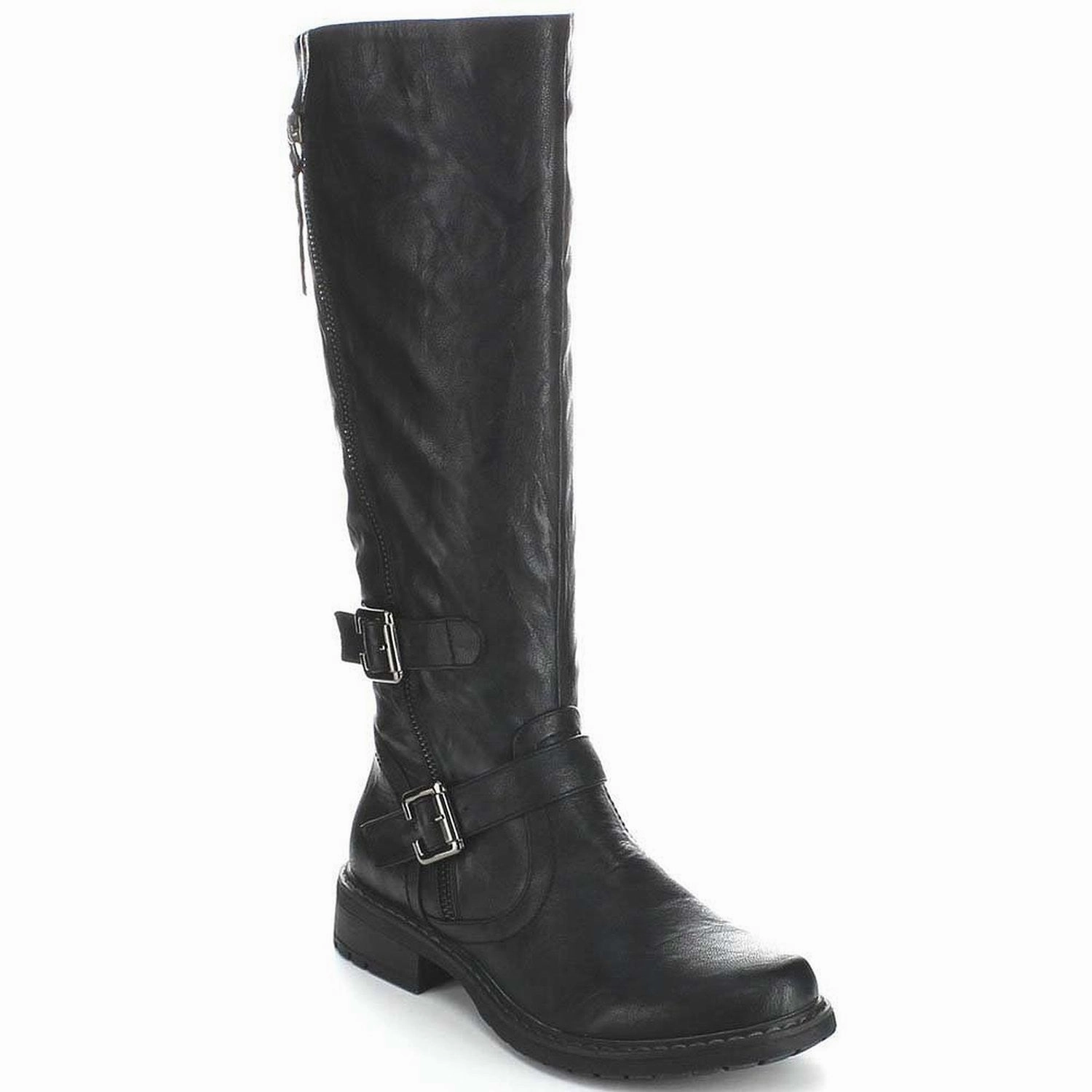 Black Riding Double Ankle Strap Knee-high Women's Vegan Biker Boots Cold Weather Rain Boots