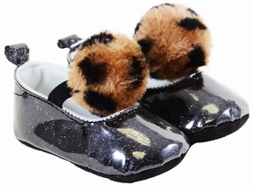 Adidas Shoes Adidas Shoes Black Shiny Glitter Leopard Furry Pom Baby Infant Maryjane Flats
