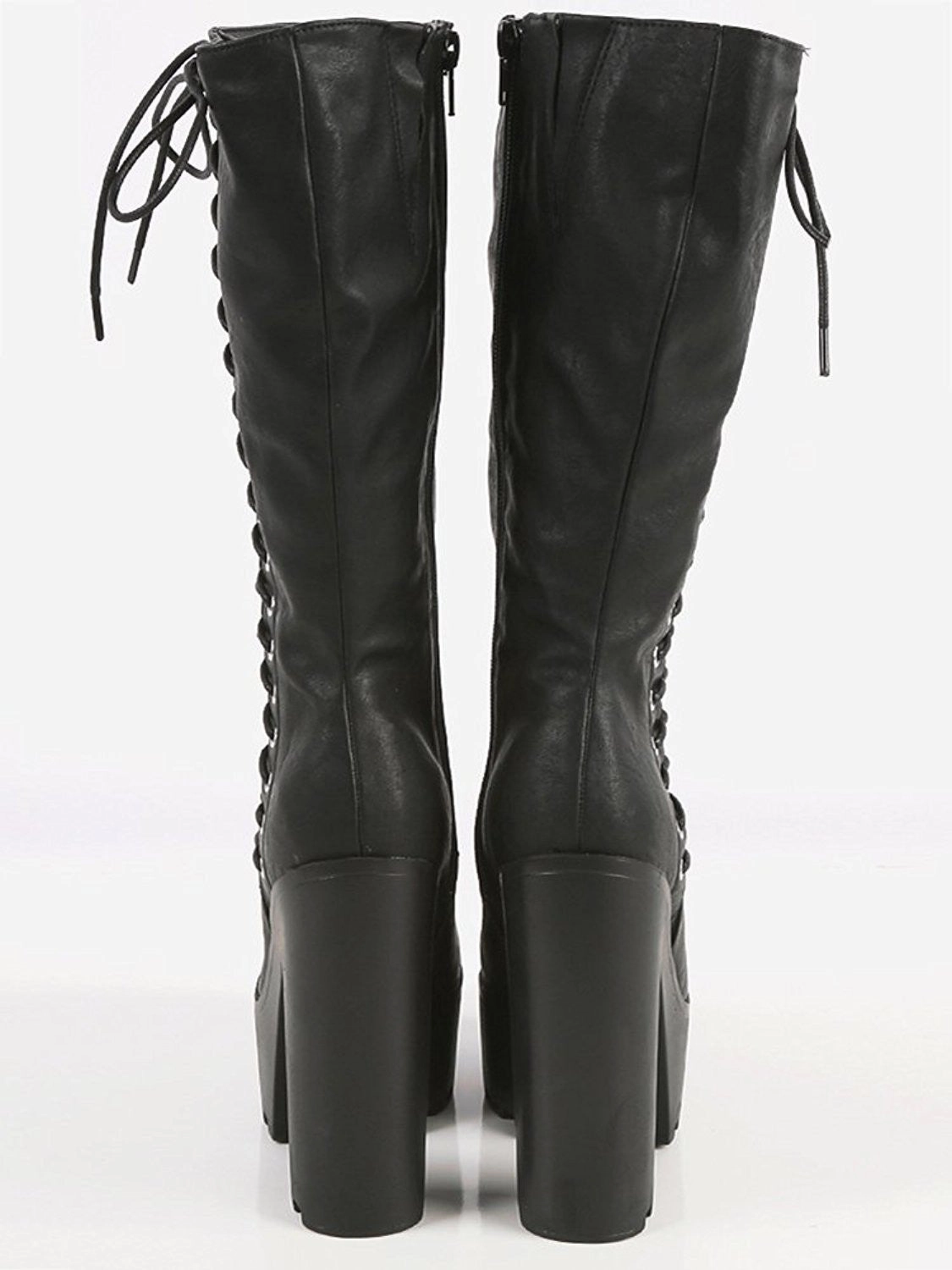Black Side Lace Up Chunky Lug Sole Knee Vegan Women's Boots Chloe Rain Boots Sale