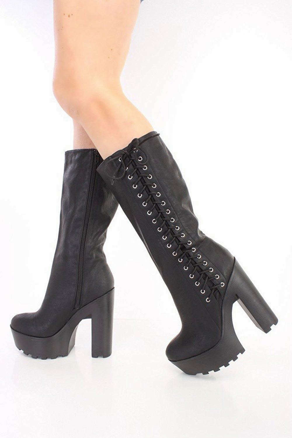 Rain Boots Waterproof Black Side Lace Up Chunky Lug Sole Knee Vegan Women's Boots