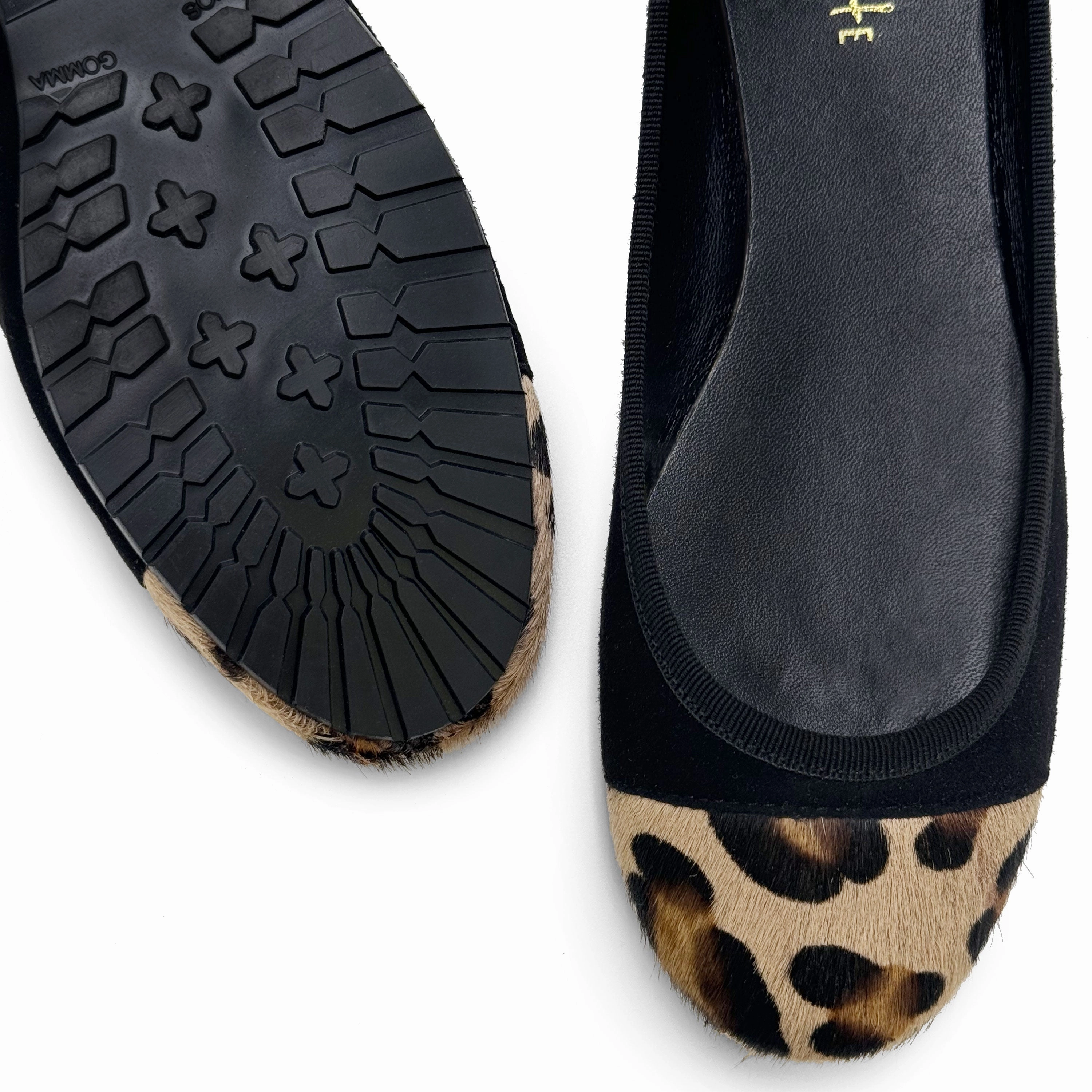 Black suede ballet flats with animal print toe Flat Shoes Design