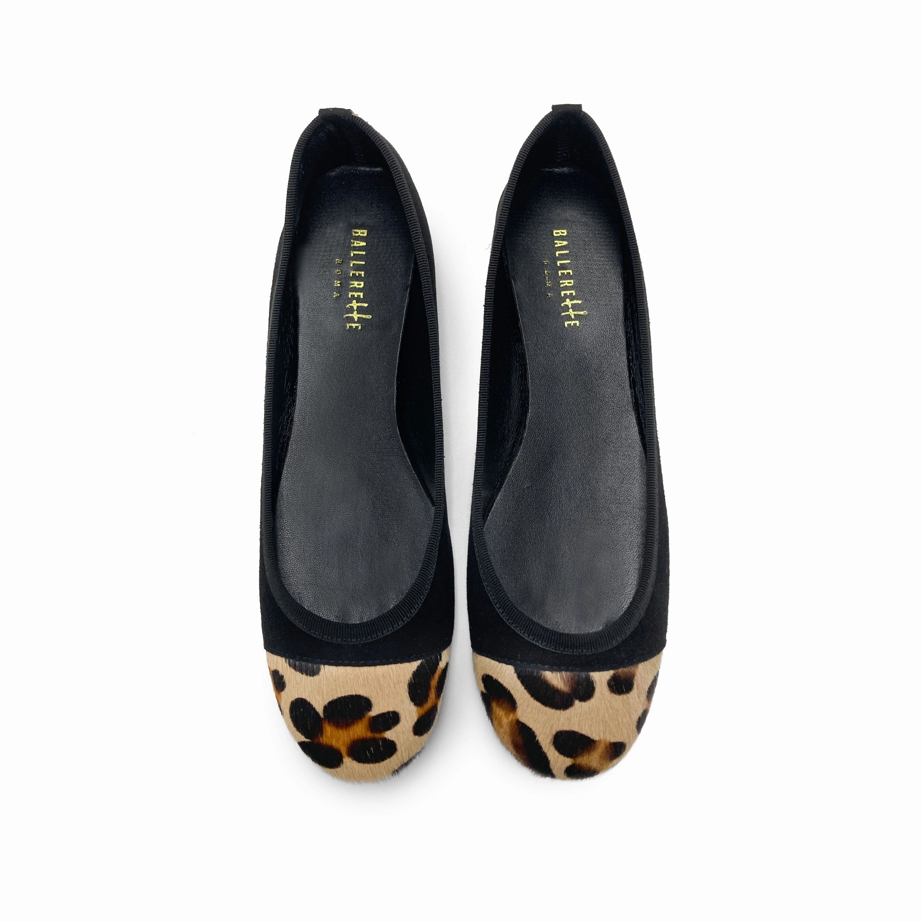 Black suede ballet flats with animal print toe Pewter Shoes Flats