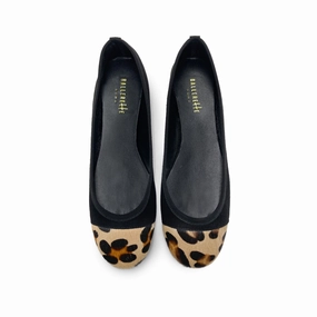 Flat Track Shoes Black suede ballet flats with animal print toe