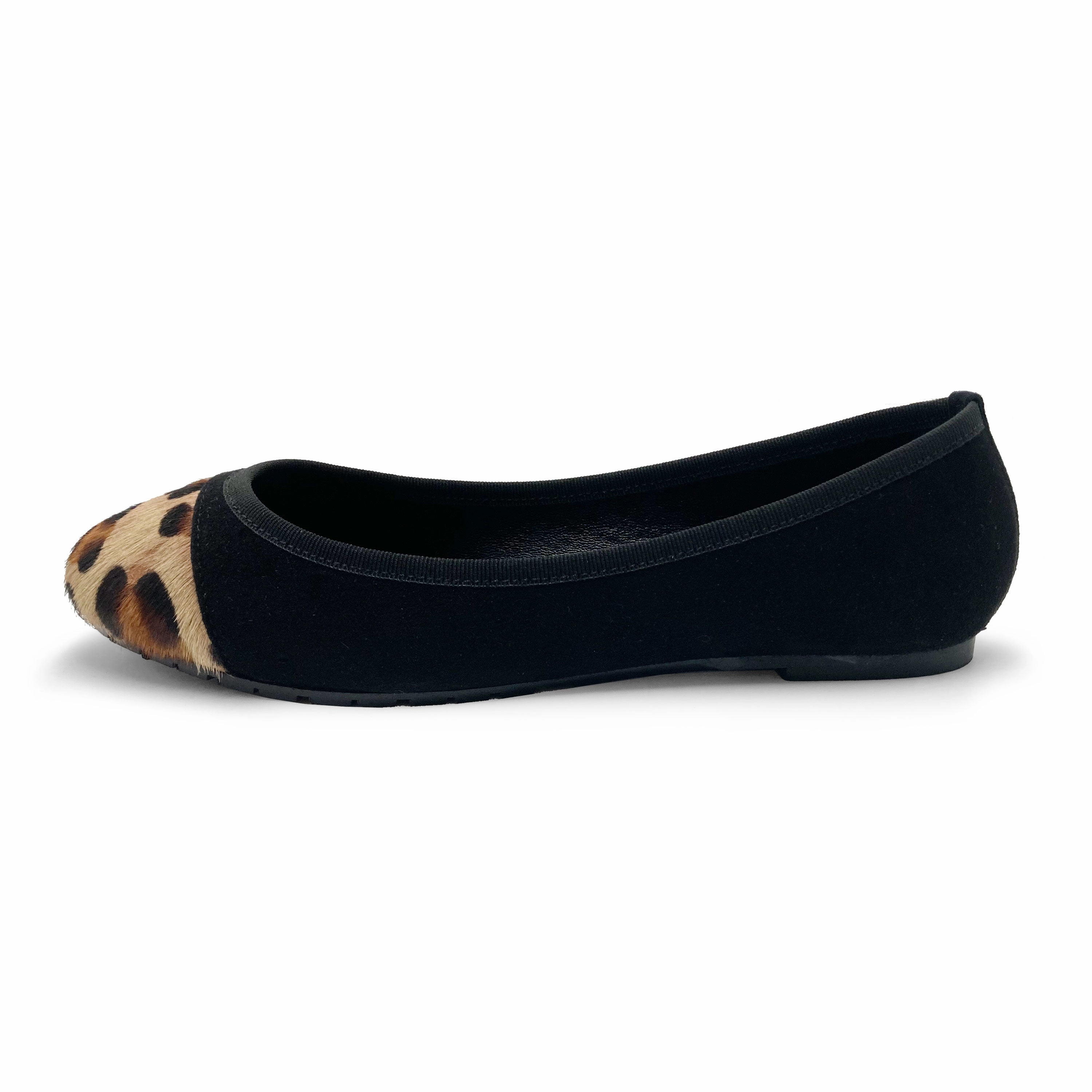 Diy Flat Shoes Black suede ballet flats with animal print toe