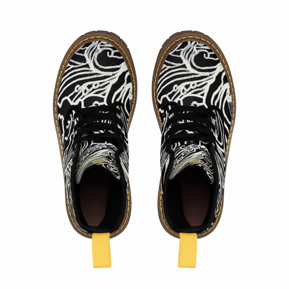 80s Hiking Boots Black Waves Women's Boots, Curvy Waves Pattern Winter Lace-up Toe Cap Boots Shoes