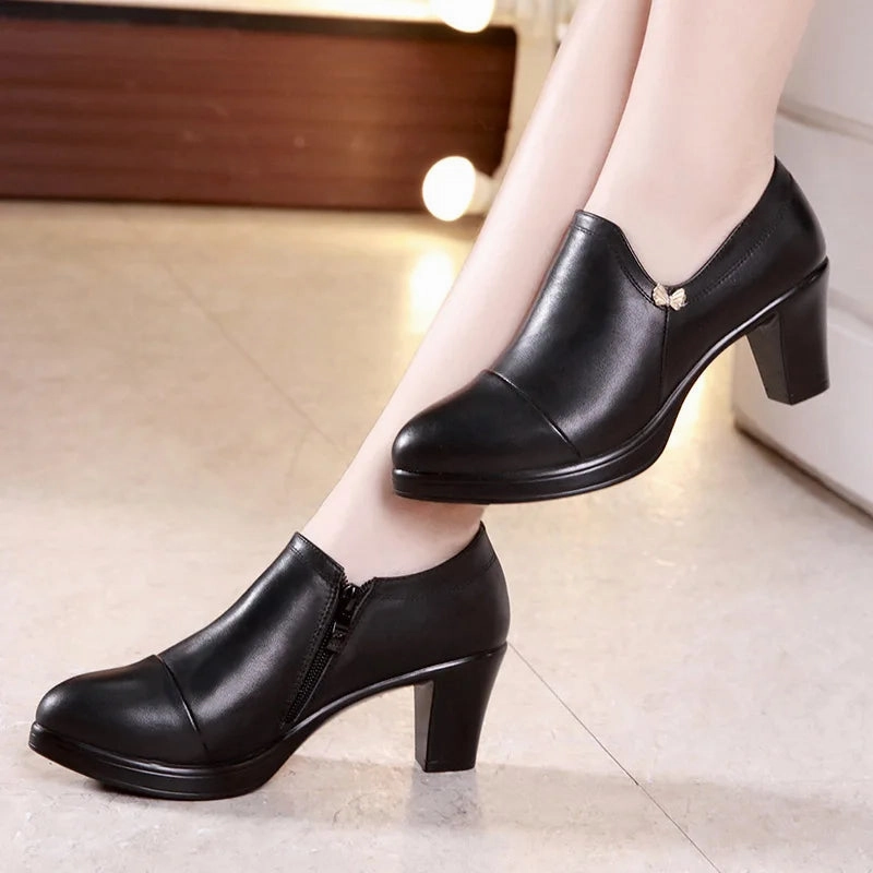 Block Heels Platform Pumps Women Split Leather Shoes High Heels for Thin Feet Office Model Mom