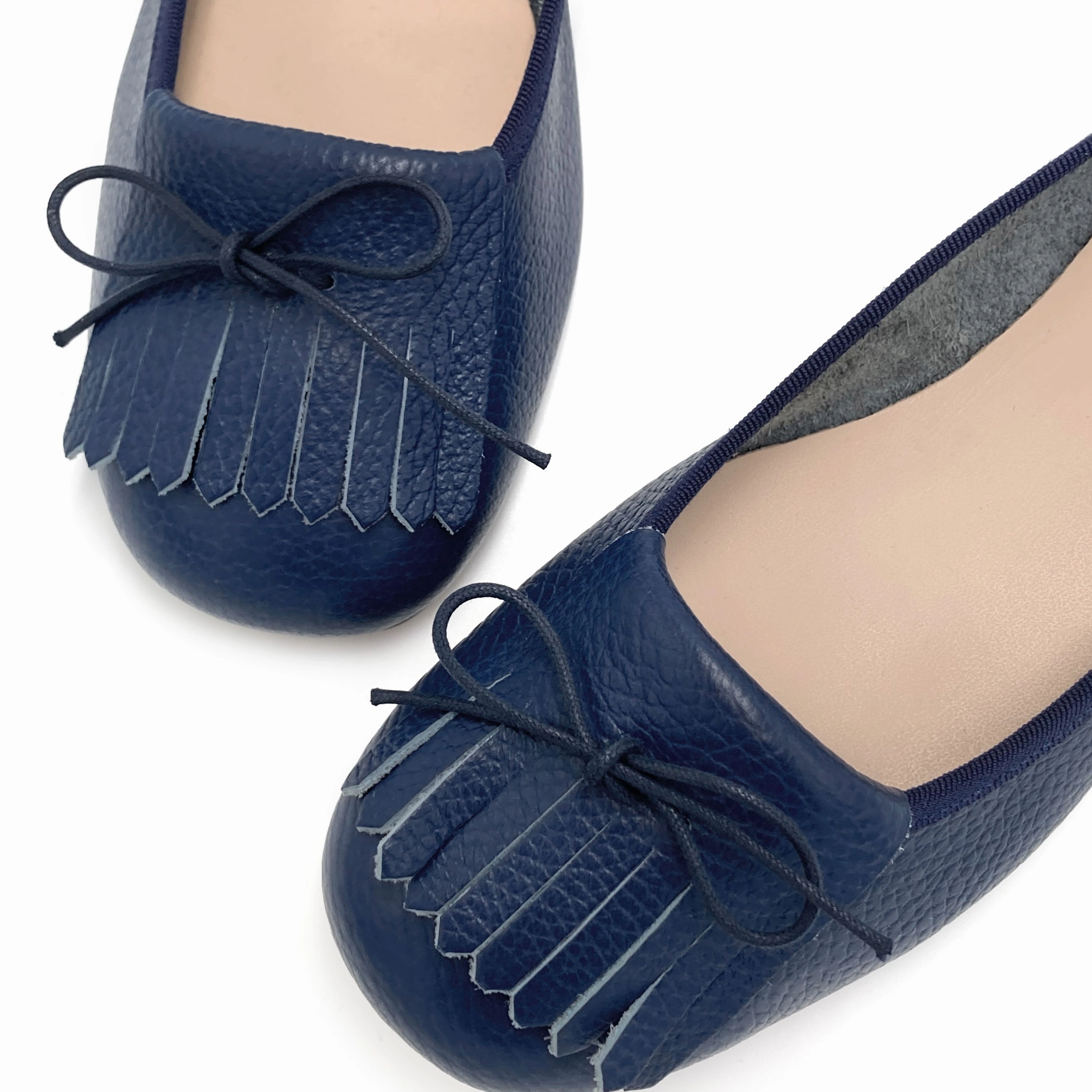 Dress Shoes For Girl Blue leather moccasins with fringe