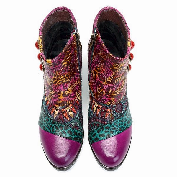 Boho Splicing Pattern Button Zipper Ankle Leather Boots Adidas Bellingham Shoes