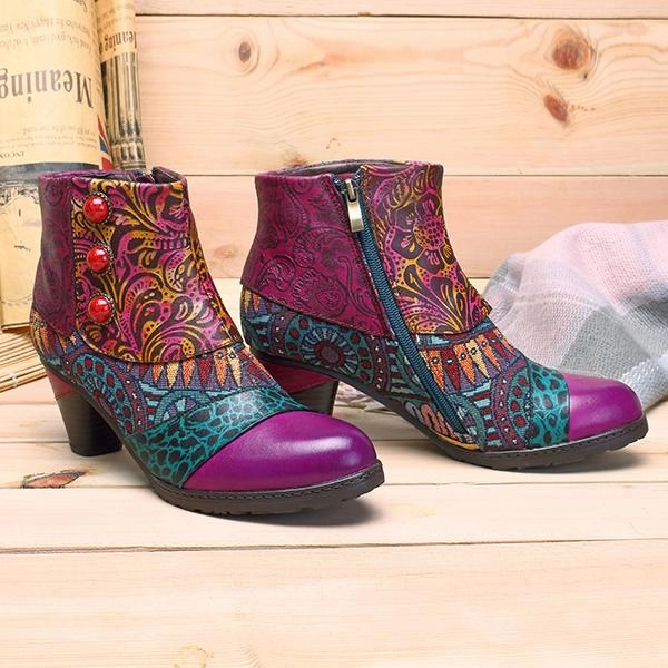 Boho Splicing Pattern Button Zipper Ankle Leather Boots Bermuda Adidas Shoes