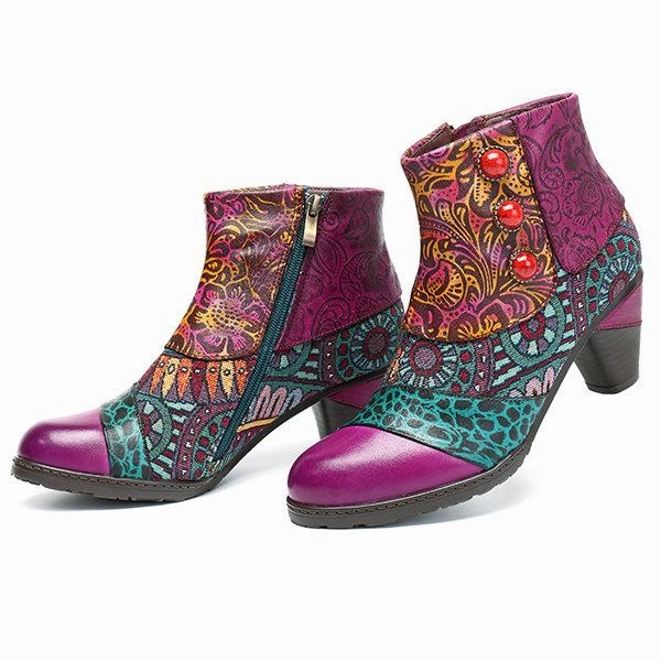 Adidas Race Walk Shoes Boho Splicing Pattern Button Zipper Ankle Leather Boots