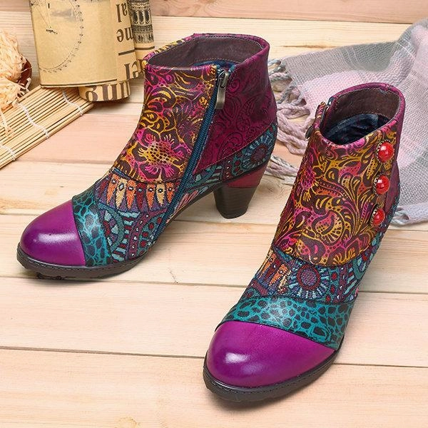 Boho Splicing Pattern Button Zipper Ankle Leather Boots Adidas Gold Shoes