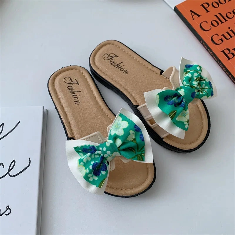 Bow Flats Open Toe Slide Sandals Non-slip Flip Flops Children Home Slippers Kids Girls Summer Cute Beach Slippers Shoe Slippers Wooden Floors