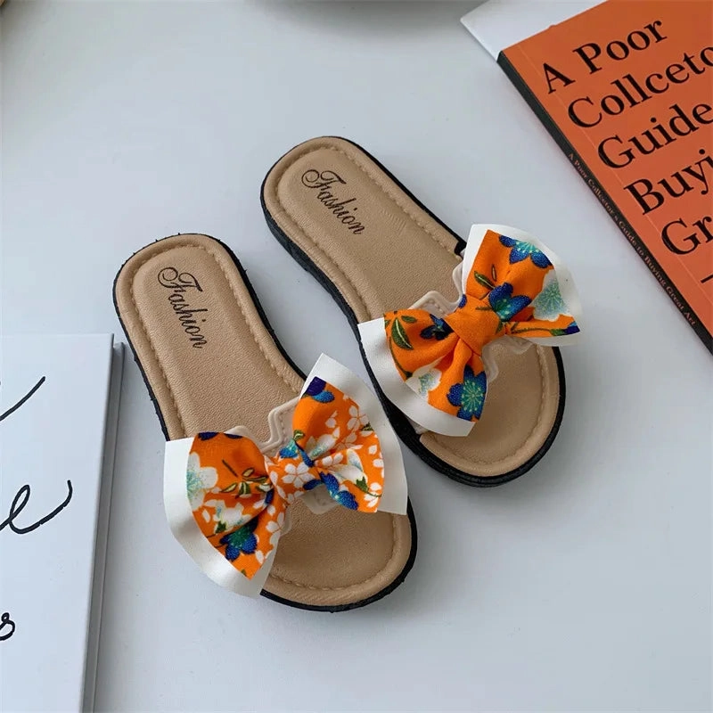 Bow Flats Open Toe Slide Sandals Non-slip Flip Flops Children Home Slippers Kids Girls Summer Cute Beach Slippers Shoe Slippers With Heels