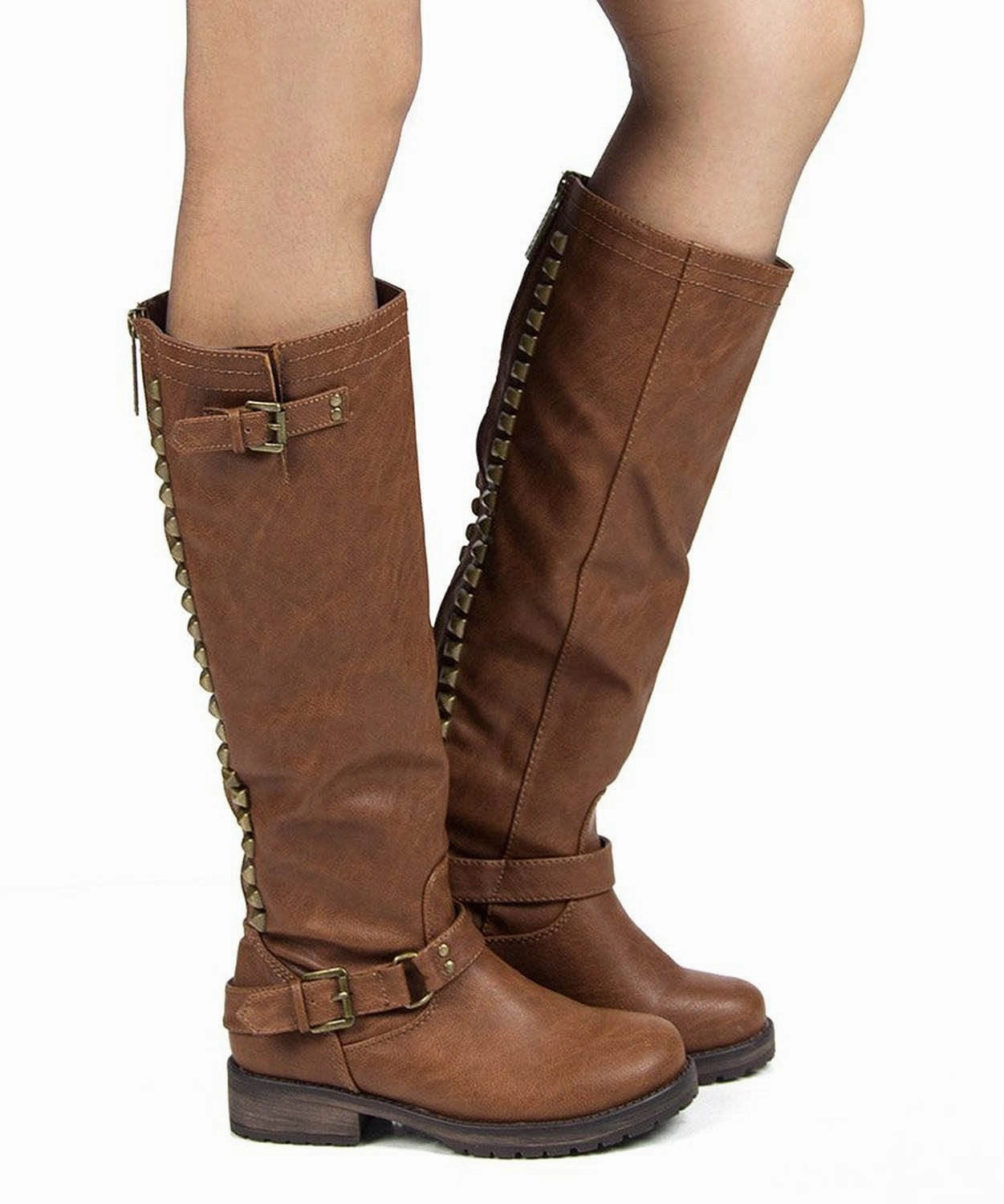 Breckelle Trooper-14 Studded Buckle Riding Knee High Combat Boot Brown Generic Rain Boots