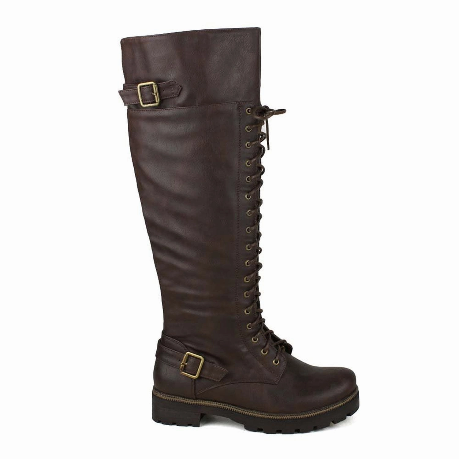 Top Sider Rain Boots Brown Buckled Combat Lace Up Lug Sole Knee High Vegan Leather Boots