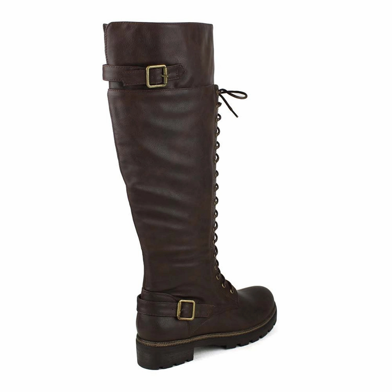 Brown Buckled Combat Lace Up Lug Sole Knee High Vegan Leather Boots Twisted Rain Boots