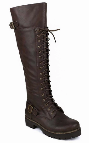 Skechers Bobs Rain Boots Brown Buckled Combat Lace Up Lug Sole Knee High Vegan Leather Boots