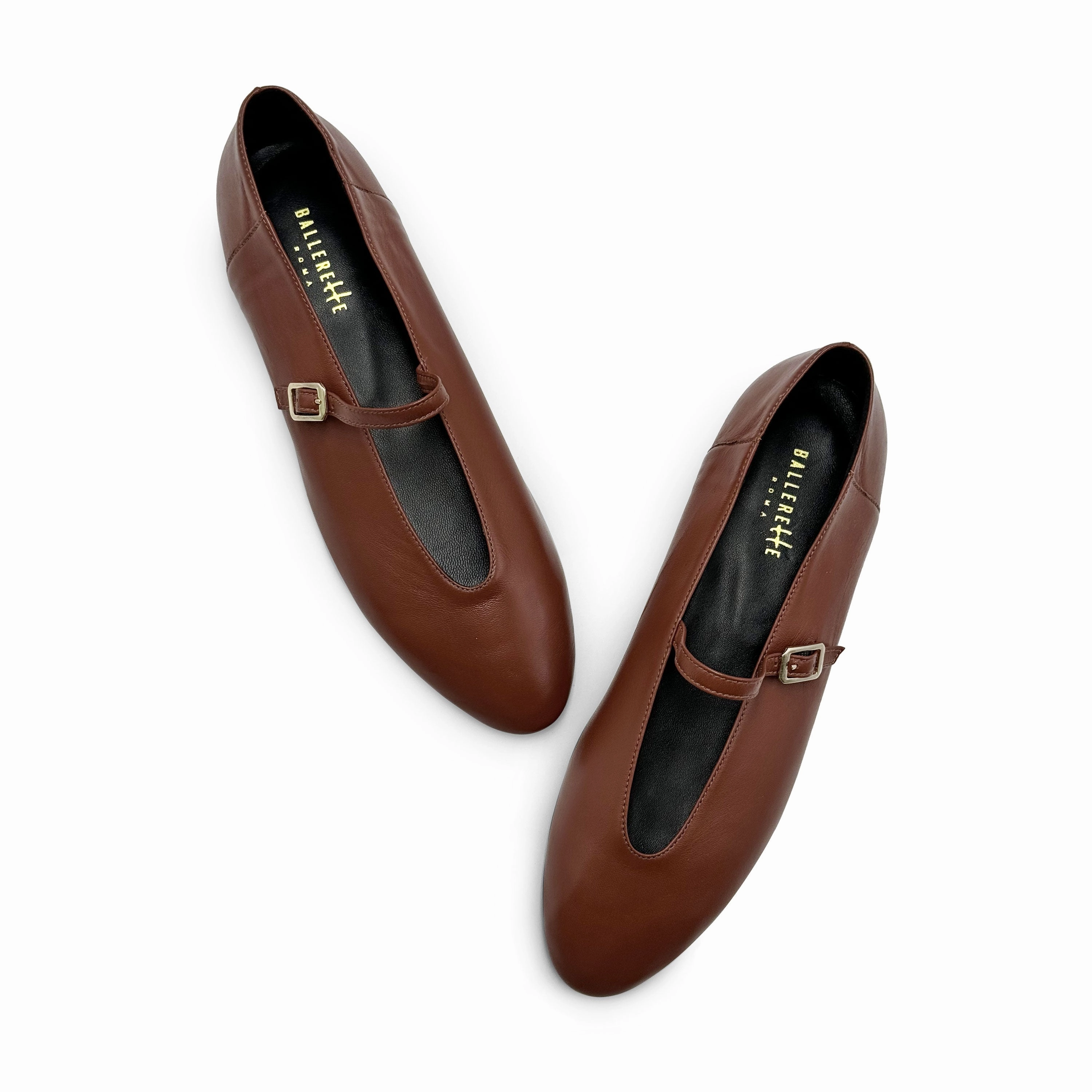 Brown leather ballet flats with V-cut and strap High Heel Ankle Booties