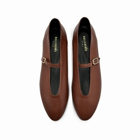 Brown leather ballet flats with V-cut and strap Sex In High Heels And Stockings