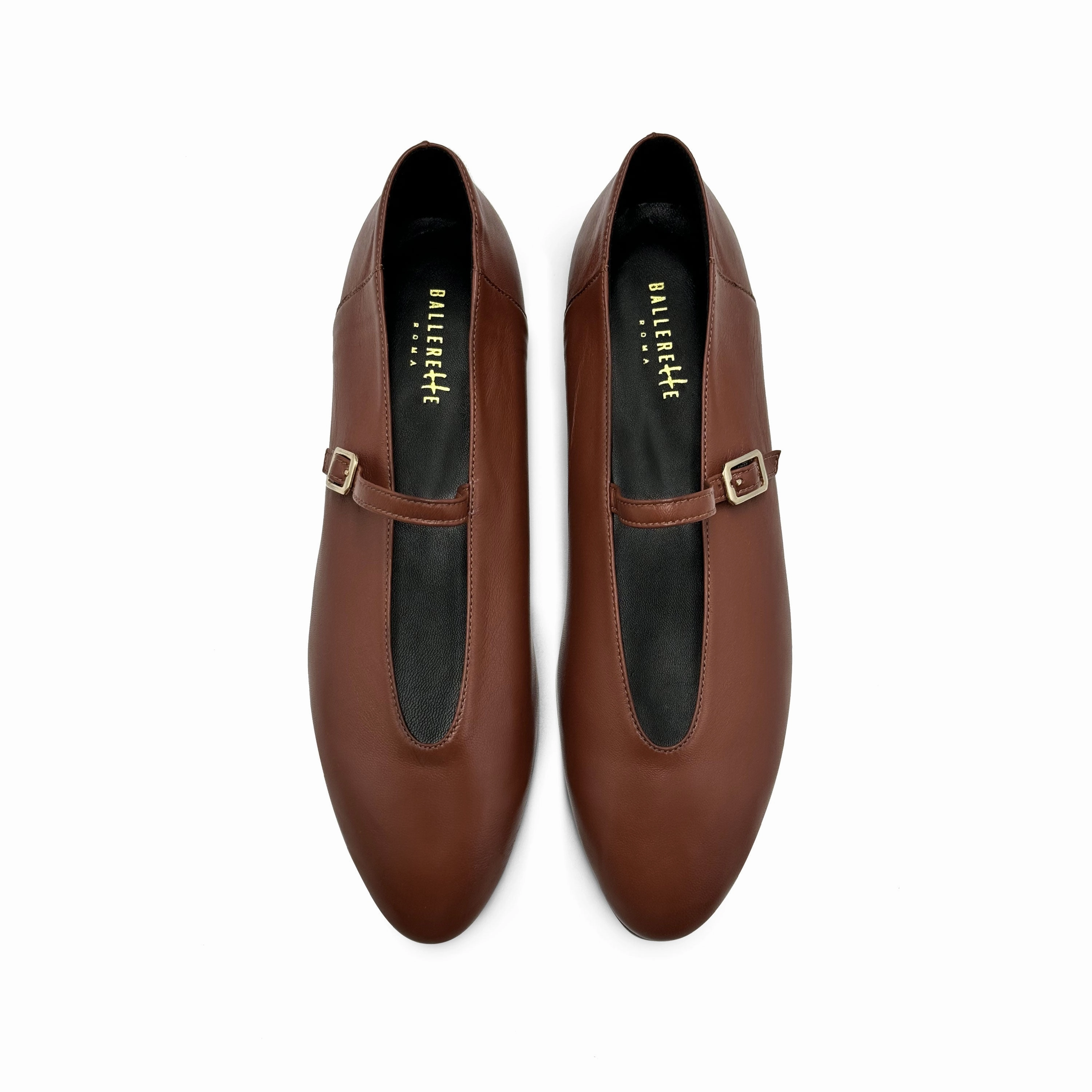 Brown leather ballet flats with V-cut and strap High Heel Movies