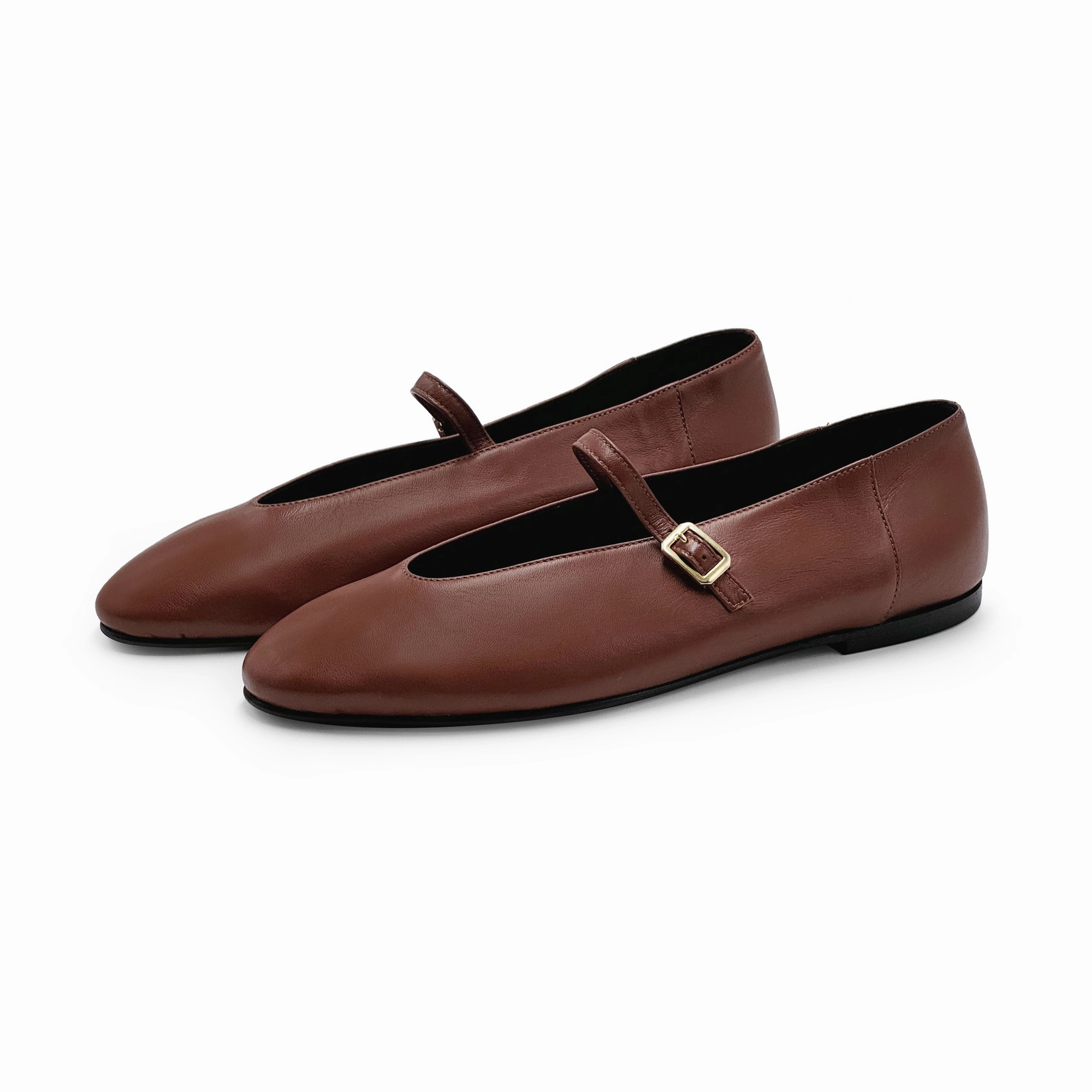 High Heels Pointy Brown leather ballet flats with V-cut and strap