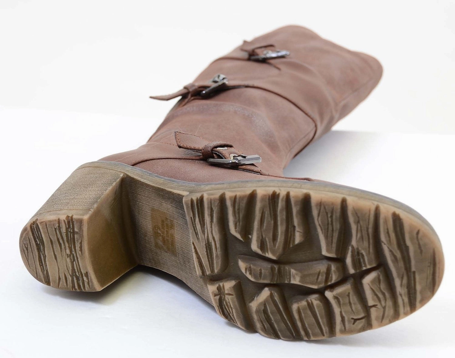 Best Budget Rain Boots Brown Strappy Buckle Riding Women's Vegan Knee Chunky Heel Boots