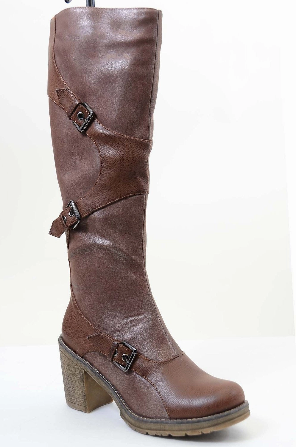 Free People High Street Rain Boots Brown Strappy Buckle Riding Women's Vegan Knee Chunky Heel Boots