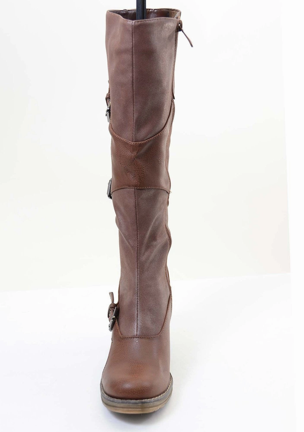 Brown Strappy Buckle Riding Women's Vegan Knee Chunky Heel Boots Pull On Rain Boots