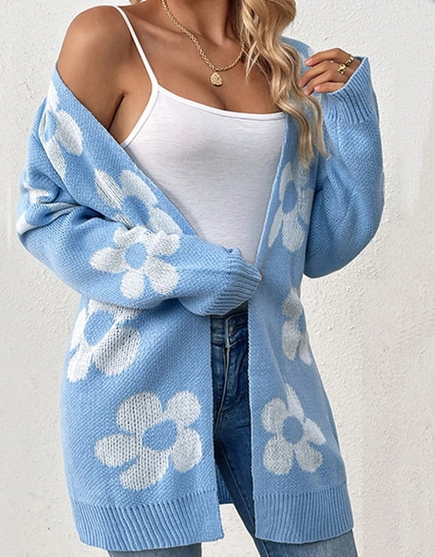 Casual Loose Daisy Print Open Front Cardigan Pull On Soft Toe Work Boots
