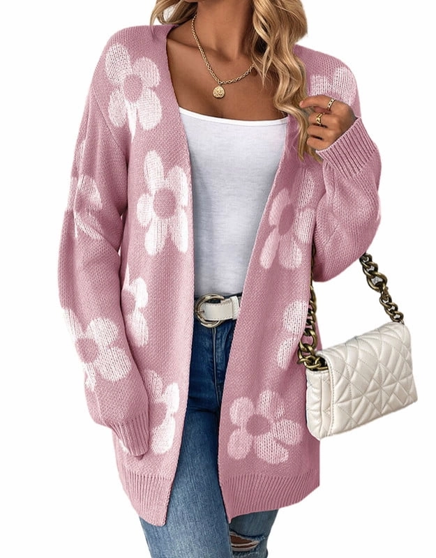 Fire Station Work Boots Casual Loose Daisy Print Open Front Cardigan