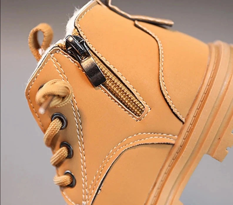 Motorcycle Boots Wide Calf Children's Fashion Boots Winter Thickened Boys Girls' Anti Slip Warm Leather Boots Side Zipper Solid Color Kids Casual Shoes