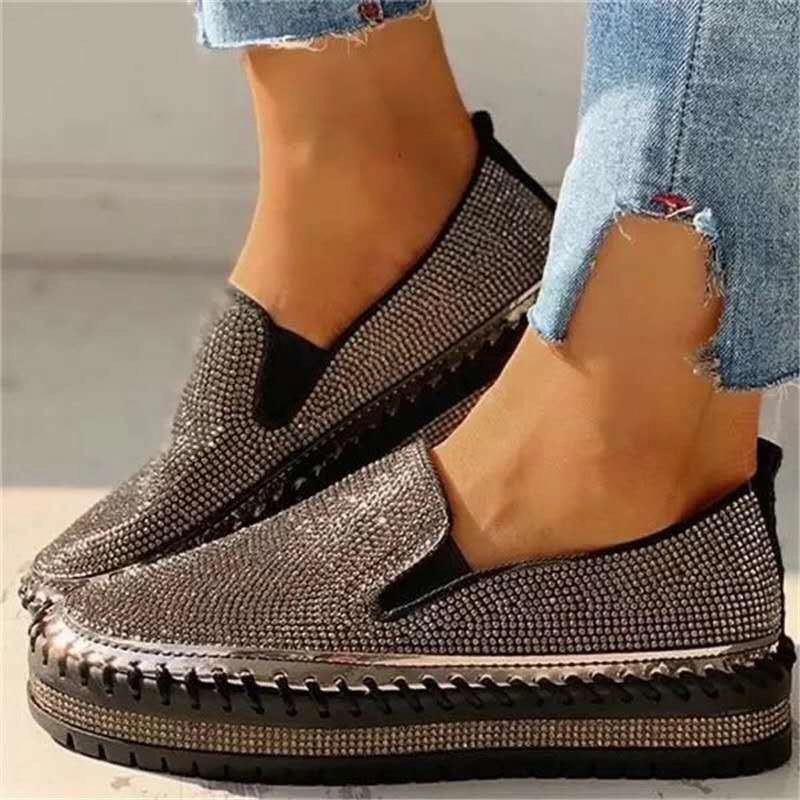 Cilool- Women Rhinestone Shoes Flat Chinese Shoes