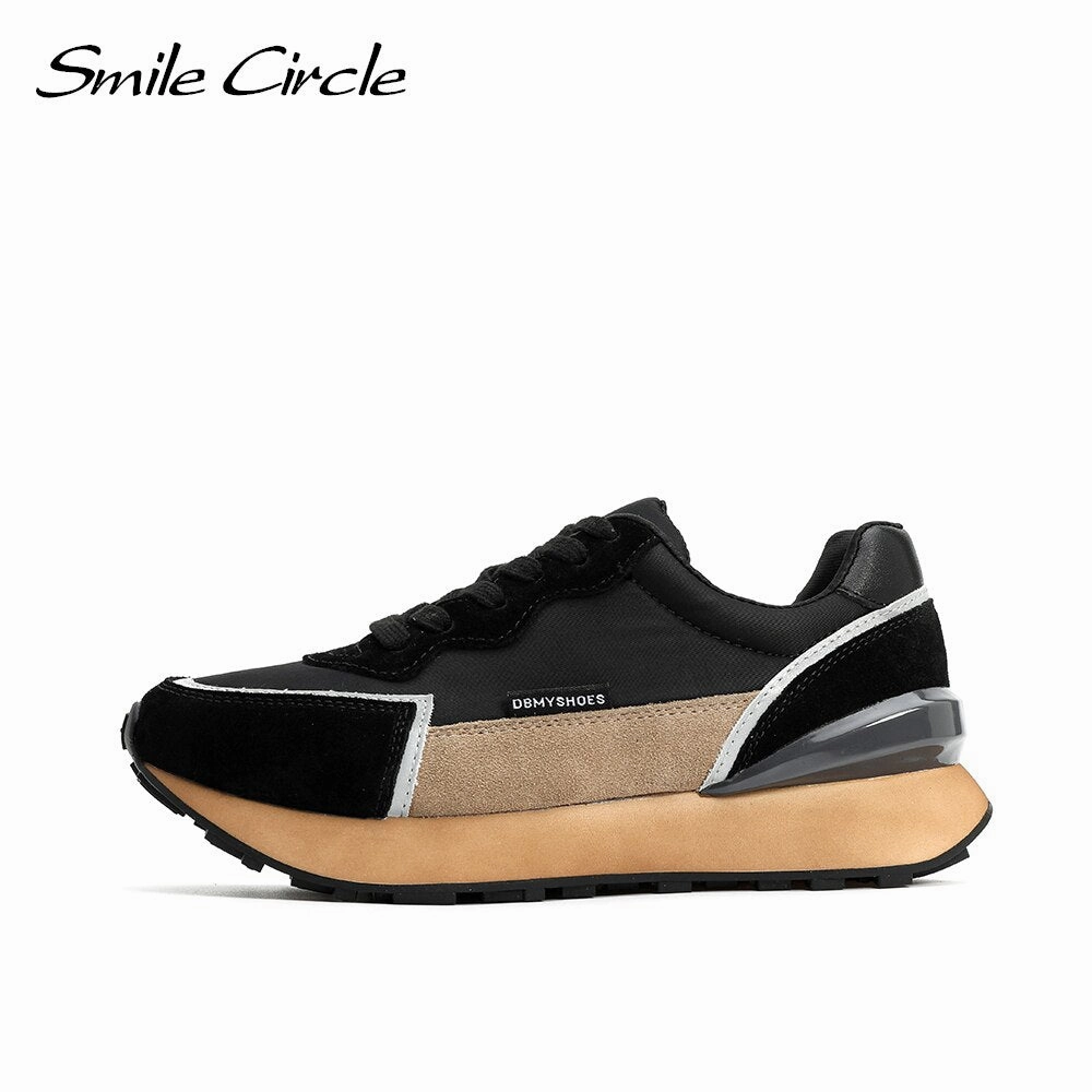 Original Smile Circle Women Sneakers Flat Platform shoes Cow Leather spring fashion Reflective Breathable Thick bottom Ladies Shoes Best Shoes Overpronation Flat Feet