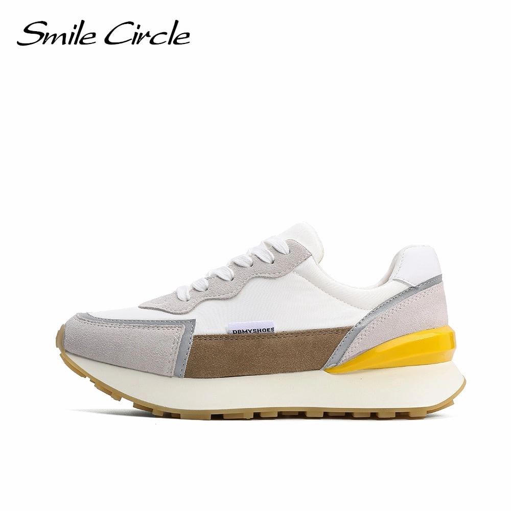 Original Smile Circle Women Sneakers Flat Platform shoes Cow Leather spring fashion Reflective Breathable Thick bottom Ladies Shoes Flat Shoes Bad For Feet