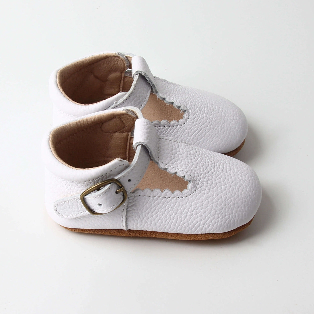 Riley T-Straps - Cloud White Scalloped (Copper Buckle) Asics Kayano Running Shoes