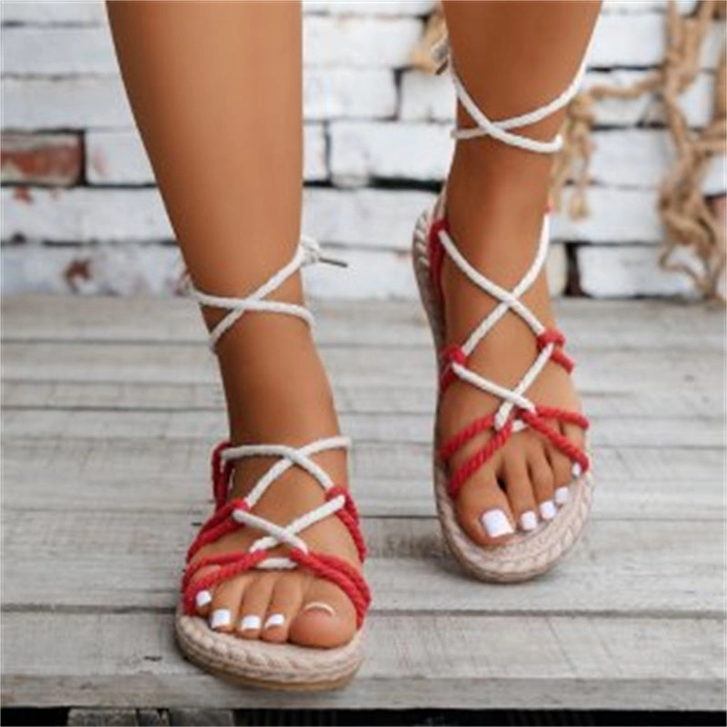 Color-block Cross-strap Hemp Rope Sandals Summer Round Toe Flat Bottom Roman Shoes For Women Beach Shoes In Flat Shoes