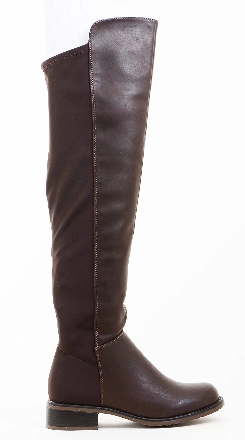 Best Rain And Snow Boots Stretchy Brown Faux Leather Over the Knee Riding Women's Boots
