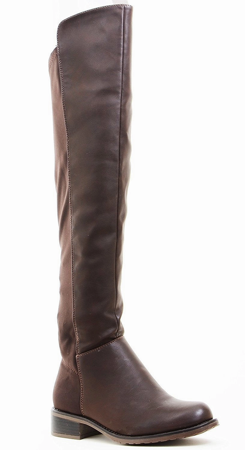 Winter Rain Boots Stretchy Brown Faux Leather Over the Knee Riding Women's Boots