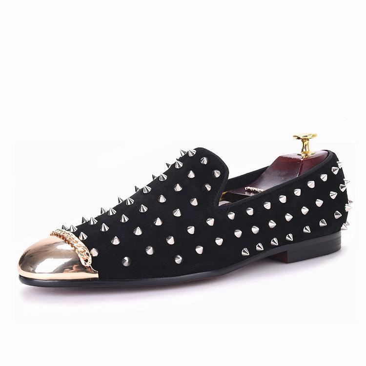 Maxi Sole Loafers OneDrop Handmade Men Black Suede Silver Rivets Spikes Gold Metal Toe  Party Wedding Banquet Prom Loafers