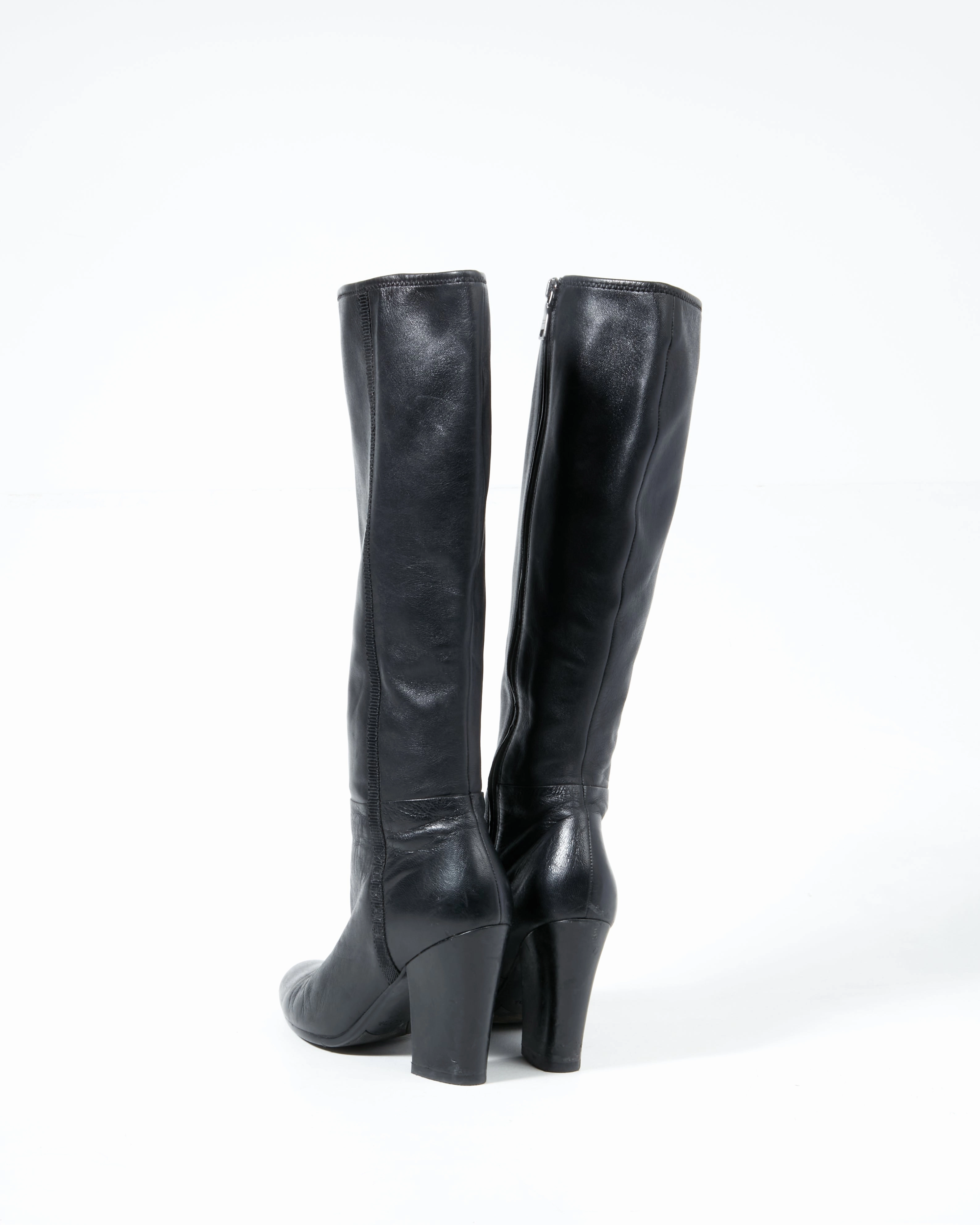 Prada Black Leather Below the Knee Heel Boots - 38.5 Swift Run Running Shoe Adidas