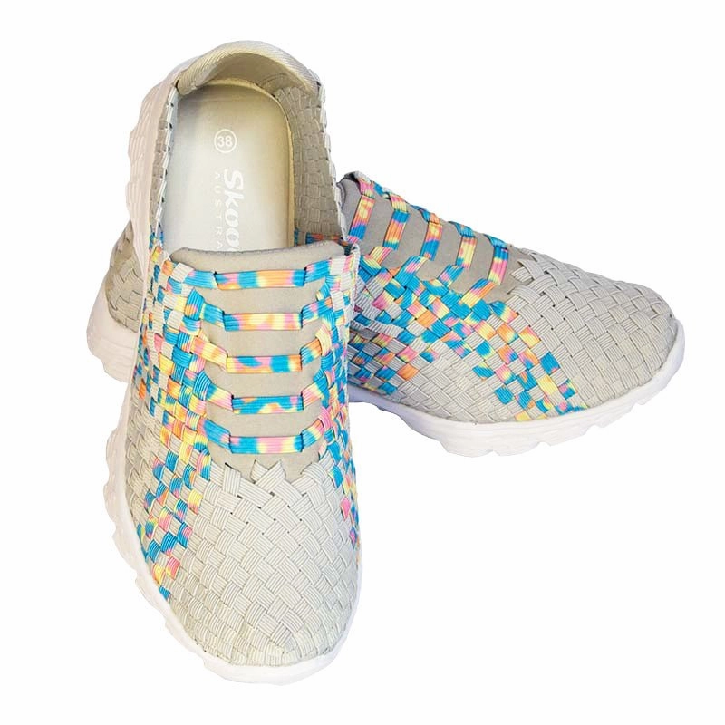 Vintage Asics Cheer Shoes Skooda Shoes Ladies Light Grey, Rainbow Sporty, Flat Lace
