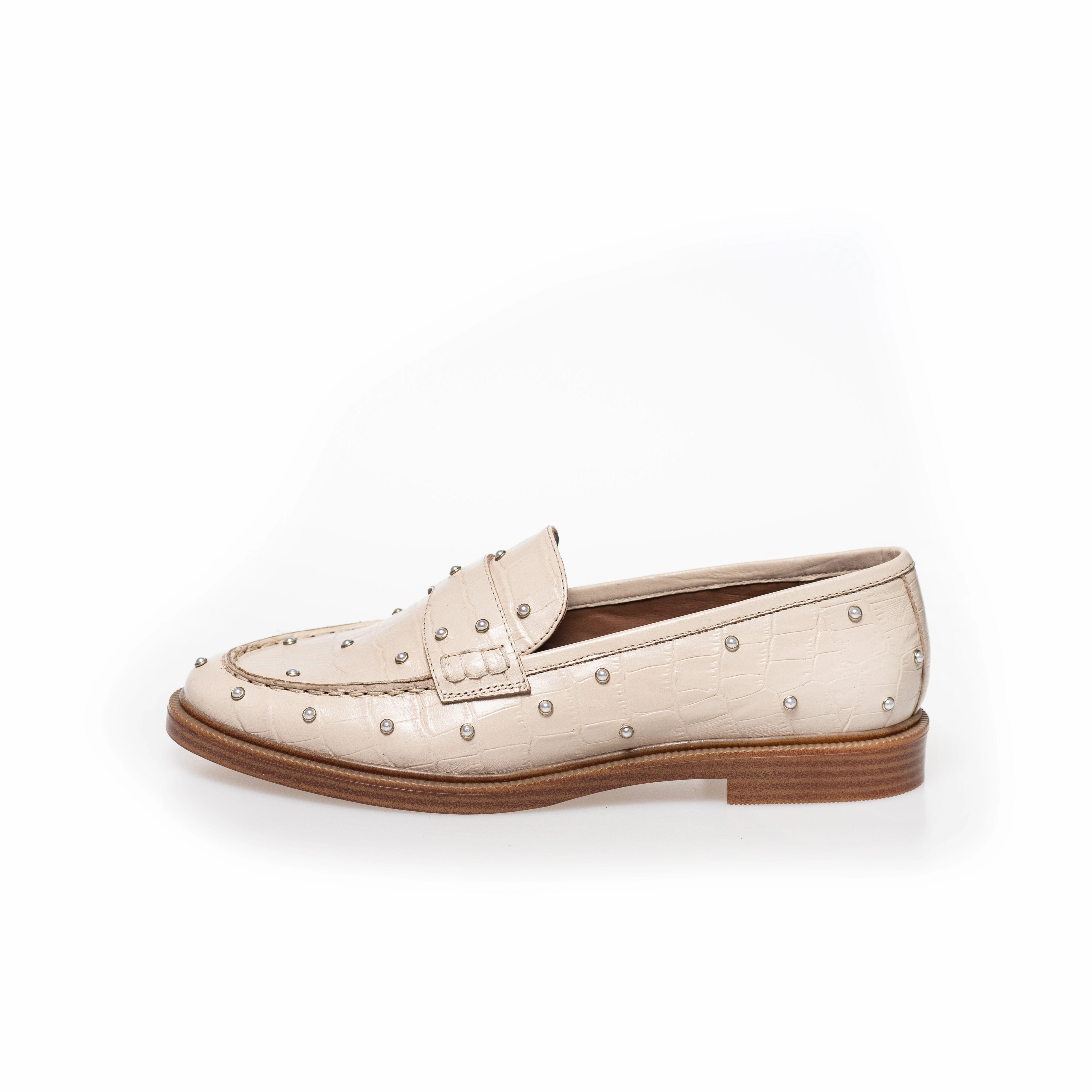 Copenhagen Shoes - The Pearl Shoe Beige - 00089 Grey Morn (Beige) Navy Blue Penny Loafers