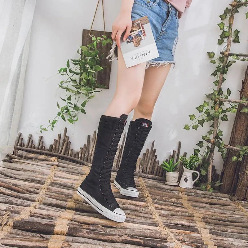 High Top Women's Canvas Shoes Knee High Boots Side Zipper Flats Vulcanized Shoes Lace-Up Comfortable Platform Sneakers Female Flat Shoes Macy